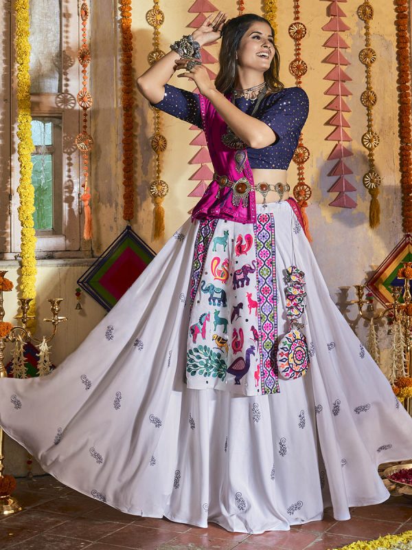 Myra White and Navy blue Maslin Cotton Embroidered Navratri Special Lehenga on Sale