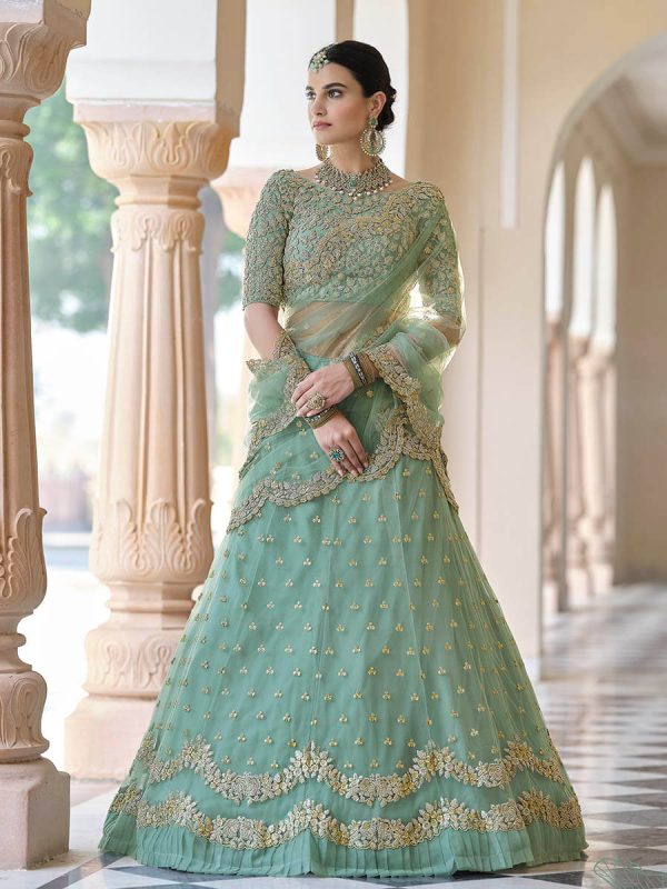 Myra Pista Net Embroidered Lehenga Cheap