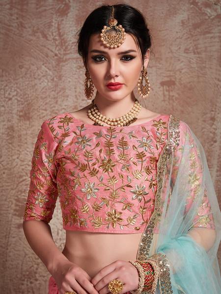 Myra Pink Soft Net Heavy Embroidered Lehenga Hot on Sale