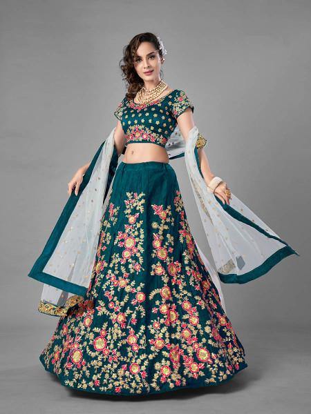 Myra Rama Green Heavy Embroidered Satin Velvet Bridal Lehenga Cheap