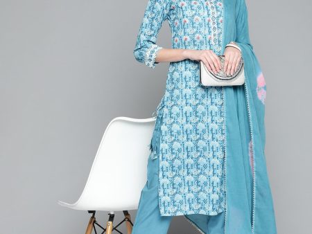 HERE&NOW Women Blue Floral Printed Thread Work Pure Cotton Kurta with Trousers & With Dupatta Online now