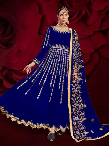 Myra Royal Blue Georgette Embroidered Anarkali Pant Style Suit Online now