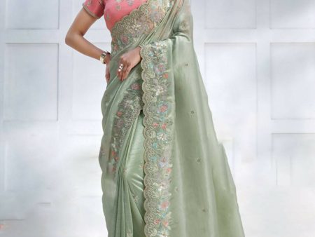 Green Banarasi Crush silk Sequence Embroidered with Stone work Saree - Mohmanthan Majestica Online