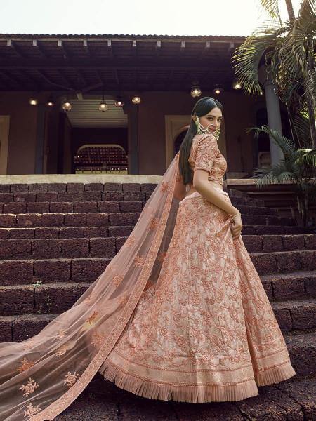 Myra Peach Heavy Embroidered Georgette Bridal Lehenga For Cheap