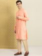 House of Pataudi Men Peach-Coloured Floral Embroidered A-Line Kurta on Sale