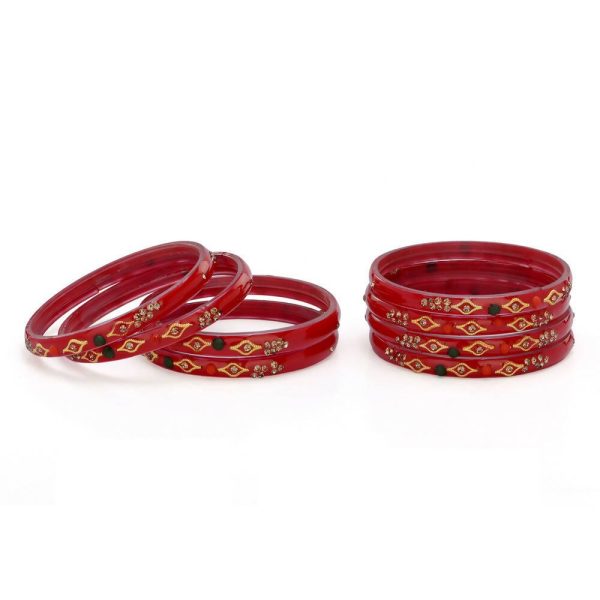 Afast Designer Fancy Party Bangle  Kada Set, Red, Glass, Pack Of 8 Sale