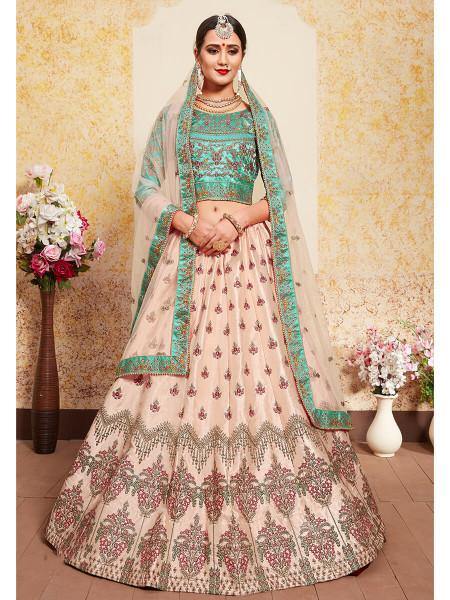 Myra Peach Satin Embroidered Lehenga For Discount