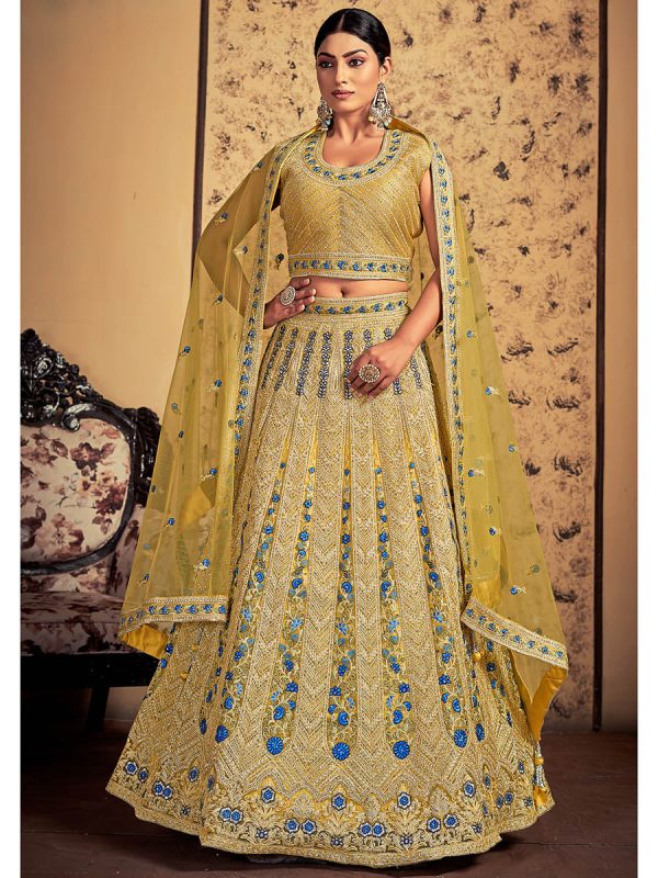 Myra Mustard Soft Net Heavy Embroidered Designer Lehenga Discount