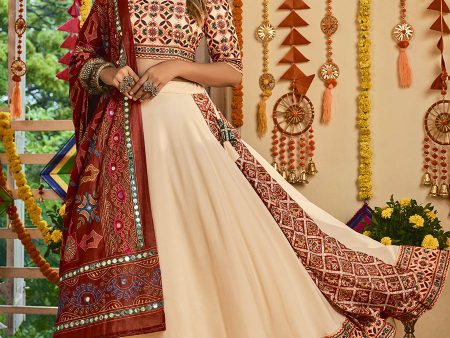 Myra Beige Maslin Cotton Embroidered Navratri Special Lehenga For Cheap