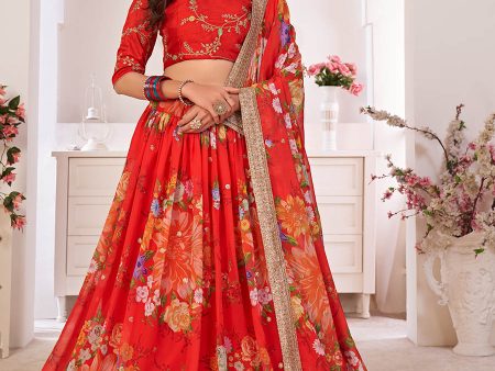 Myra Red Tomato Digital Printed Georgette Lehanga For Sale