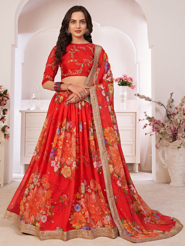 Myra Red Tomato Digital Printed Georgette Lehanga For Sale