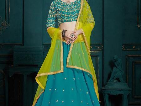 Myra Peacock Blue Georgette Embroidered Lehenga Discount