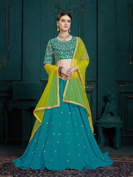 Myra Peacock Blue Georgette Embroidered Lehenga Discount