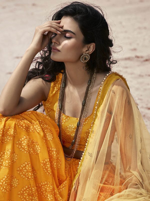 Myra Musturd Yellow Organza Printed Lehenga Online Sale