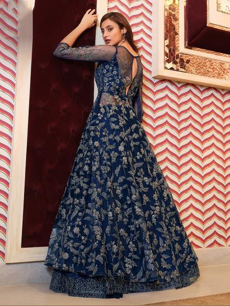 Myra Navy Blue Net Embroidery Gown Online Sale