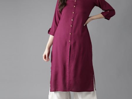 HERE&NOW Women Burgundy Solid Straight Kurta For Sale