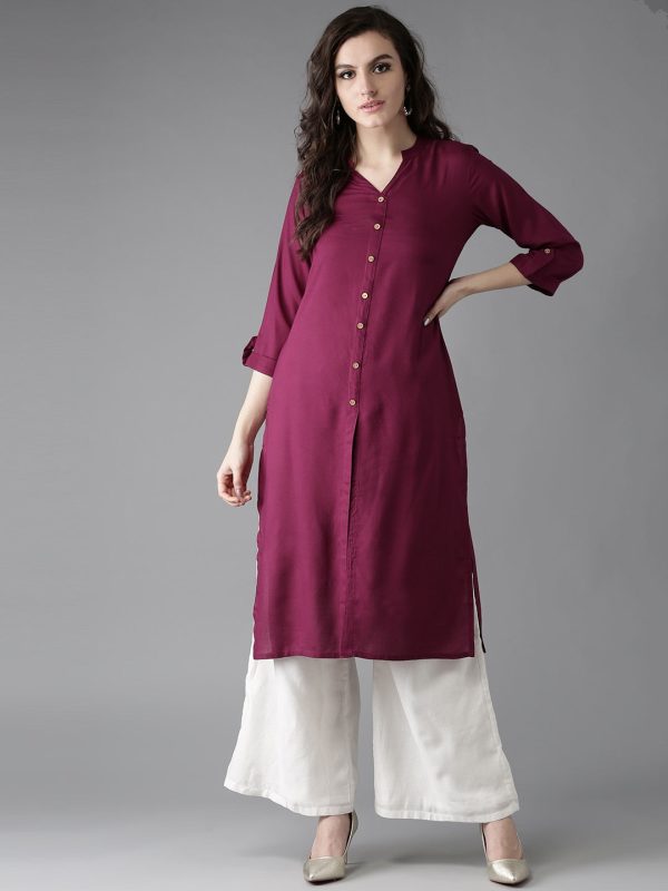 HERE&NOW Women Burgundy Solid Straight Kurta For Sale