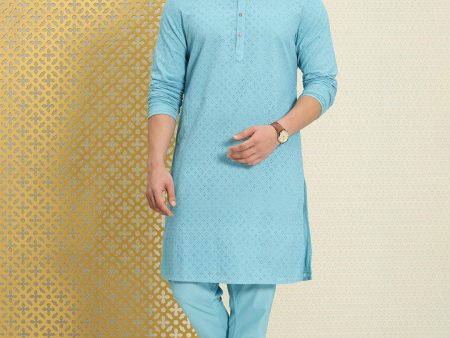 House of Pataudi Men Pure Cotton Schiffli Thread Work Jashn Kurta with Pyjamas Sale