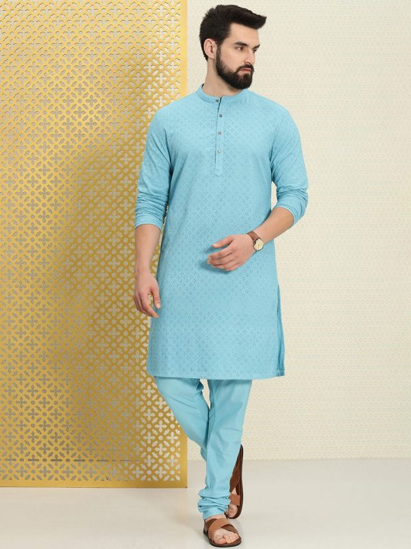 House of Pataudi Men Pure Cotton Schiffli Thread Work Jashn Kurta with Pyjamas Sale