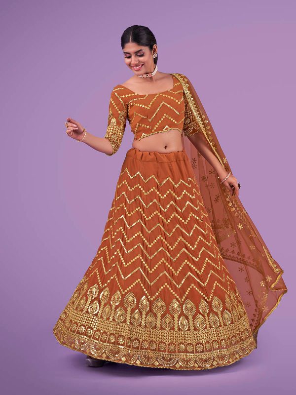 Myra Orange Georgette Embroidered Designer Lehenga Online Sale