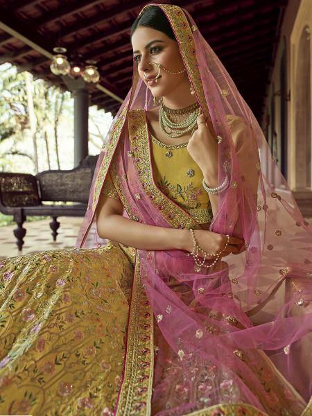 Myra Mustard Heavy Embroidered Georgette Bridal Lehenga Online Sale