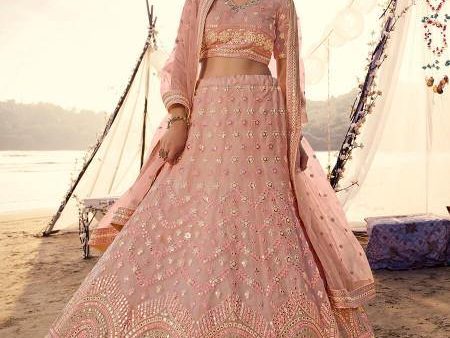 Myra Peach Embroidered Organza Lehenga on Sale