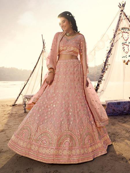 Myra Peach Embroidered Organza Lehenga on Sale