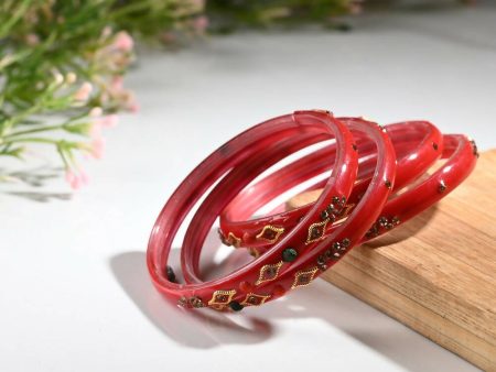 Afast Designer Fancy Party Bangle  Kada Set, Red, Glass, Pack Of 4 Sale