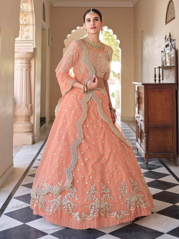 Myra Peach Net Embroidered Lehenga Cheap