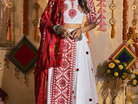 Myra White Maslin Cotton Embroidered Navratri Special Lehenga Cheap