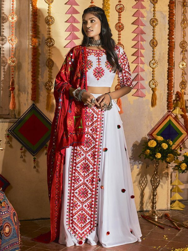 Myra White Maslin Cotton Embroidered Navratri Special Lehenga Cheap