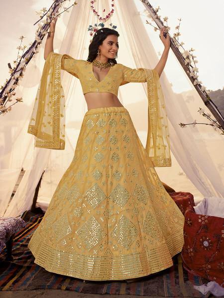 Myra Musturd Yellow Embroidered Organza Lehenga Discount