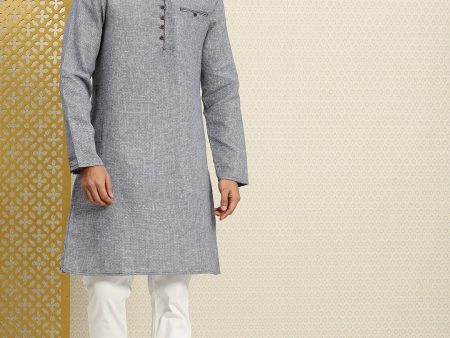 House of Pataudi Men Navy Blue & White Woven Design Straight Kurta For Cheap