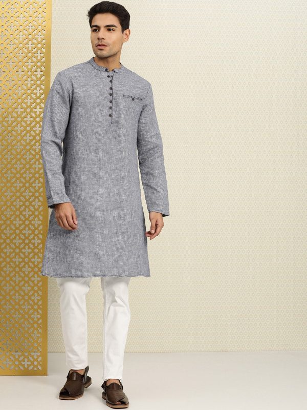 House of Pataudi Men Navy Blue & White Woven Design Straight Kurta For Cheap