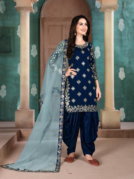 Myra Navy Blue Art Silk Embroidered Traditional Patiala Suit Sale