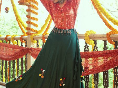 Myra Tomato Red & Green Cotton Embroidered Navratri Special Lehenga Online Sale