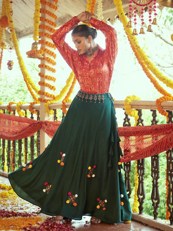 Myra Tomato Red & Green Cotton Embroidered Navratri Special Lehenga Online Sale