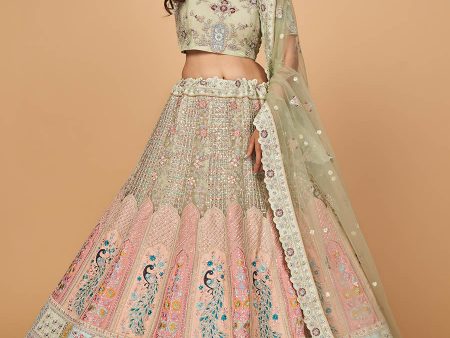 Myra Pista Green Soft Net Heavy Embroidered Designer Lehenga Online now