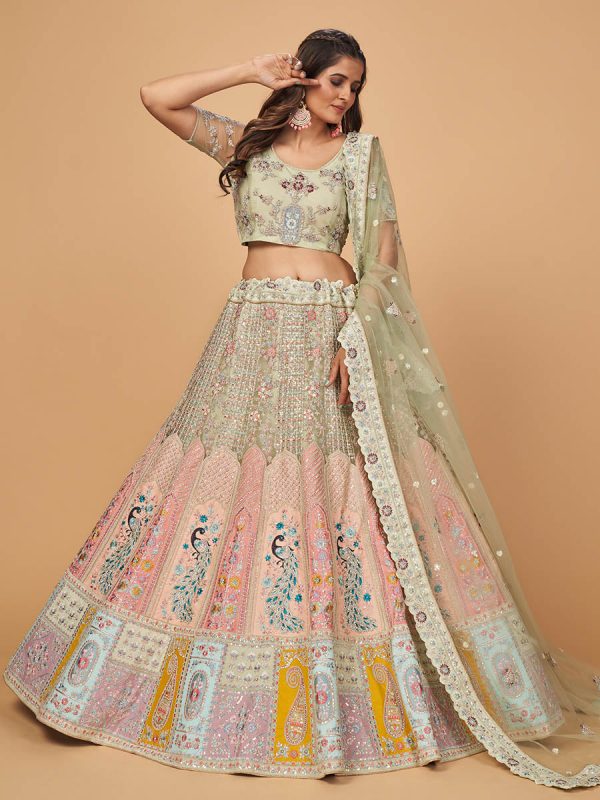 Myra Pista Green Soft Net Heavy Embroidered Designer Lehenga Online now