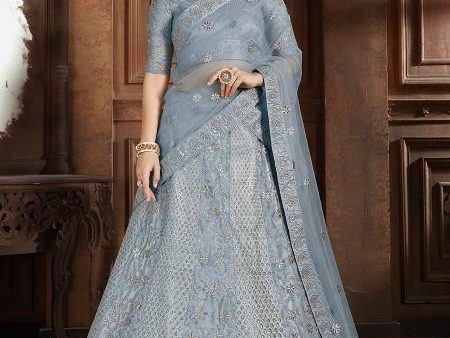 Myra Sky Blue Soft Net Heavy Embroidered Lehenga Hot on Sale