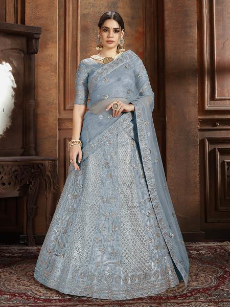 Myra Sky Blue Soft Net Heavy Embroidered Lehenga Hot on Sale