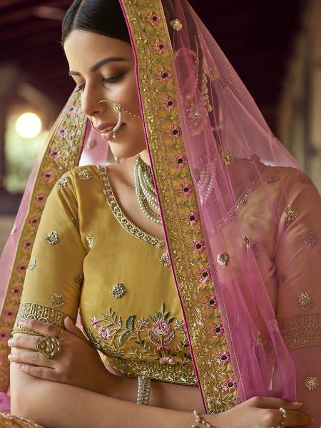 Myra Mustard Heavy Embroidered Georgette bridal Lehenga on Sale