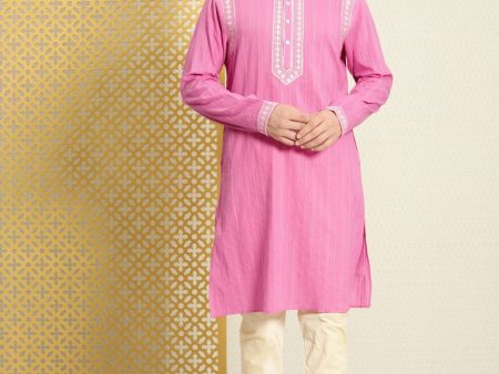 House of Pataudi Men Pure Cotton Self Striped Embroidered Thread Work Jashn Kurta on Sale