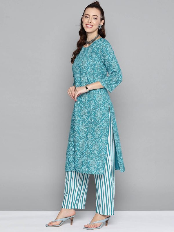 HERE&NOW Women Blue & White Bandhani Print Kurta with Striped Trousers For Sale