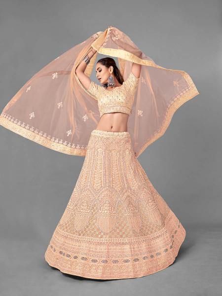 Myra Peach Heavy Embroidered Soft Net bridal Lehenga Hot on Sale