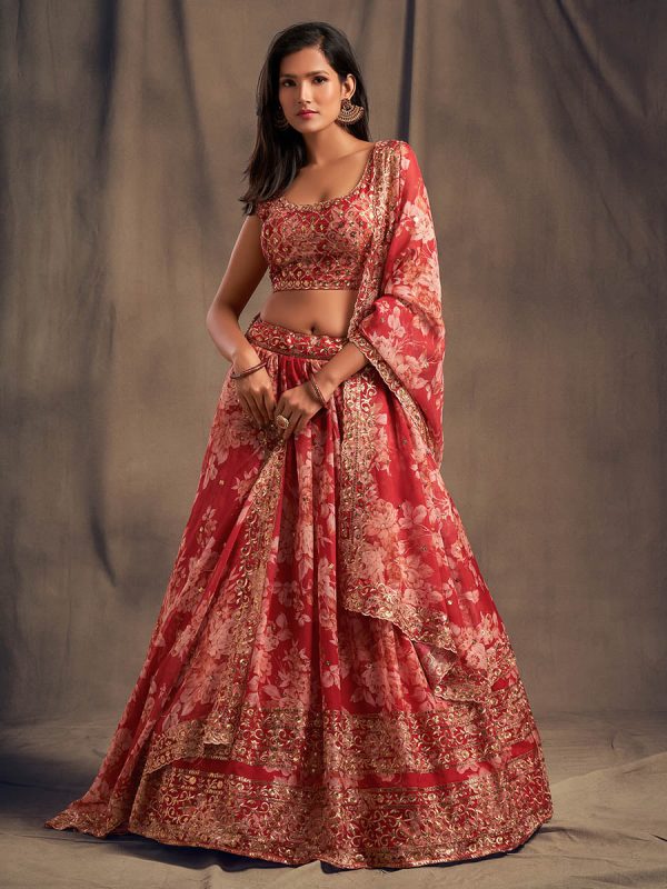 Myra Red Organza Silk Embroidered Lehenga Online Sale