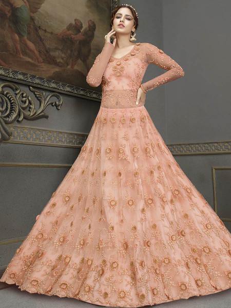 Myra Peach Soft Net Embroidered Handwork Gown Style Suit For Sale