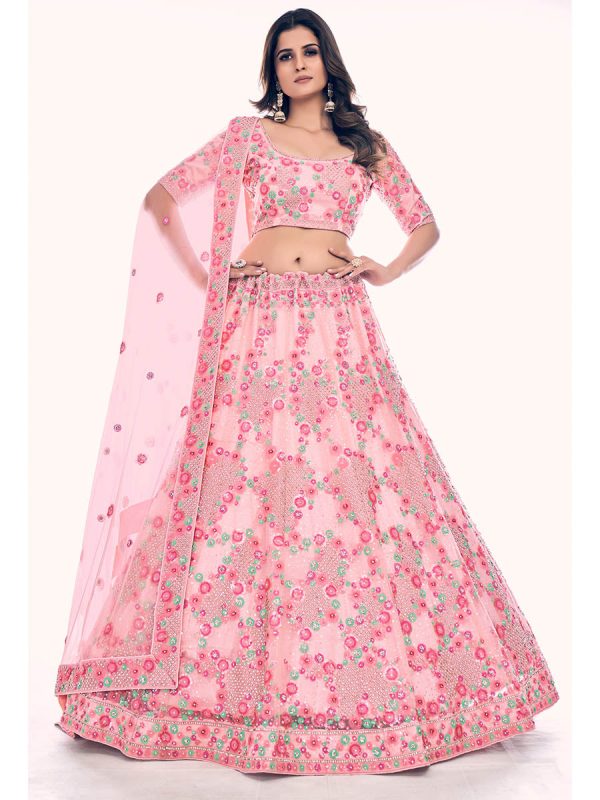 Myra Peach Soft Net Embroidered Designer Lehenga Choli on Sale