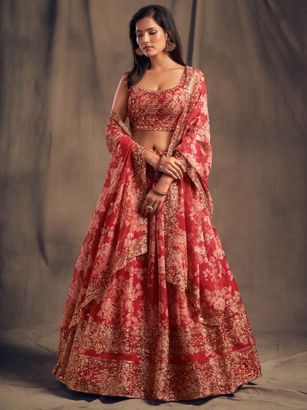 Myra Red Organza Silk Embroidered Lehenga Online Sale