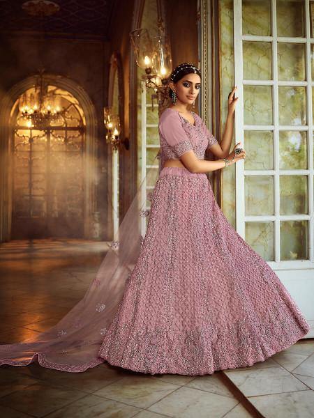 Myra Pink Soft Net Heavy Embroidered Lehenga on Sale